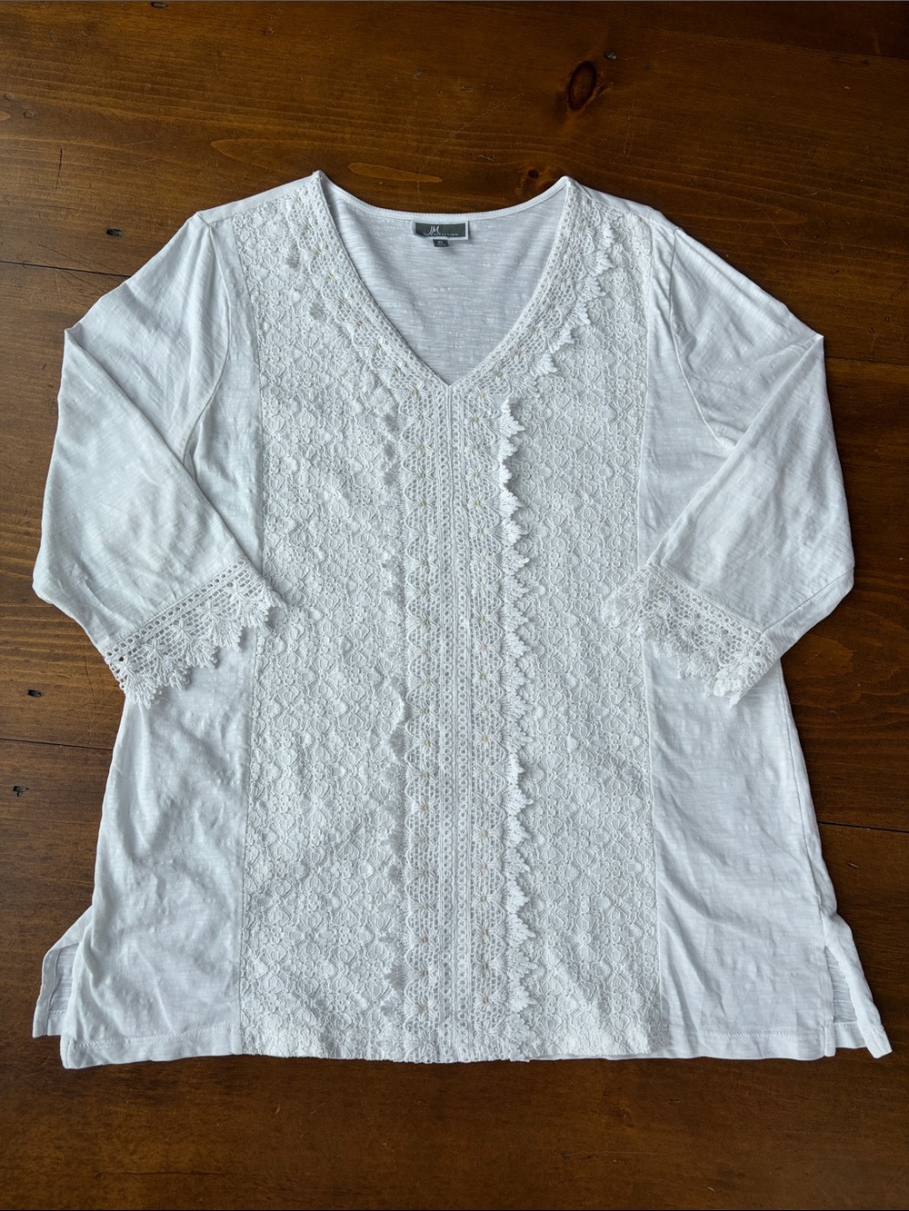JM Collection White Lace Sequin 3/4” Sleeve V-neck Top Sz XL